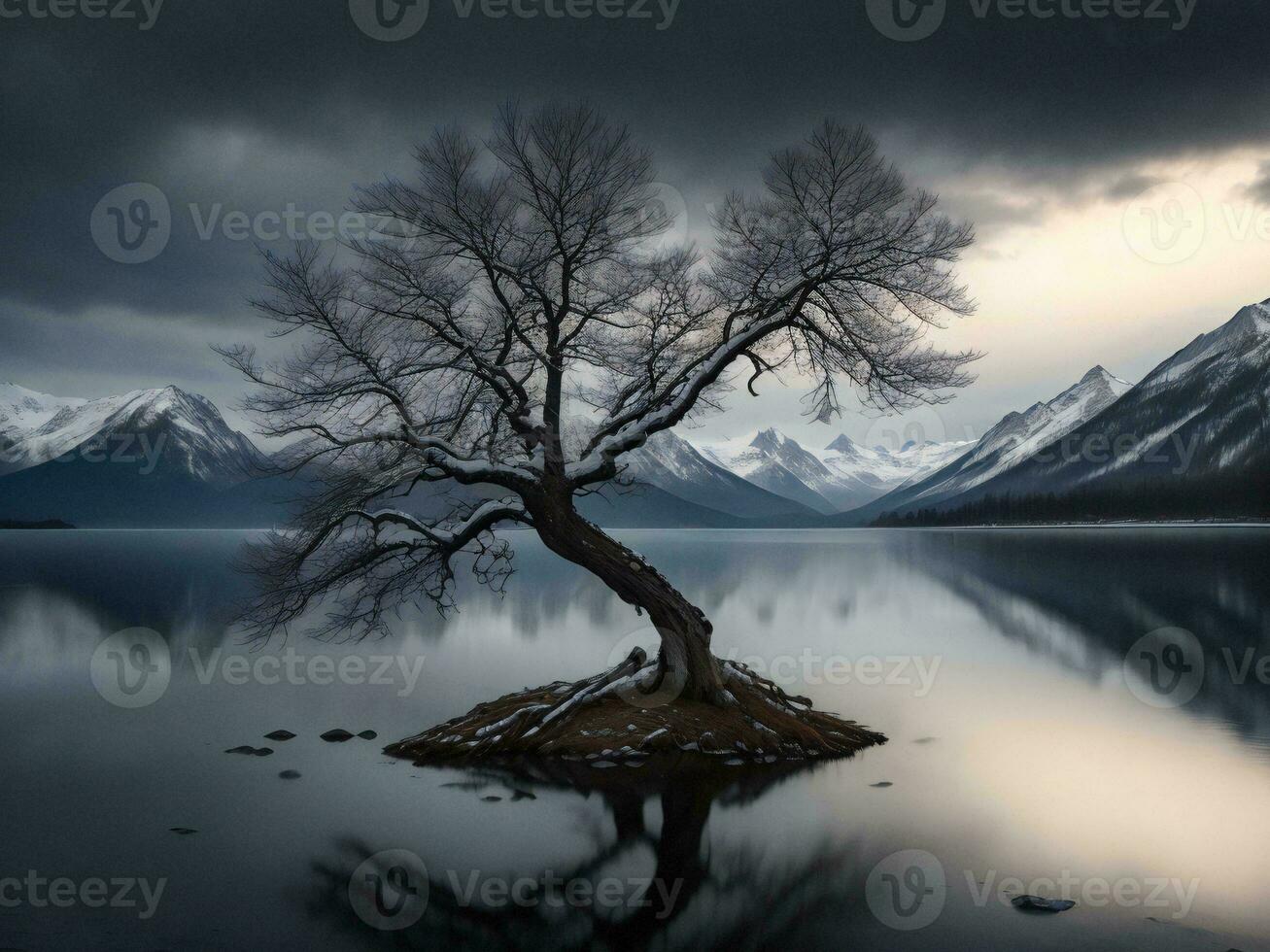 en ensam träd står på de Strand av en sjö med bergen i de bakgrund ai genererad foto