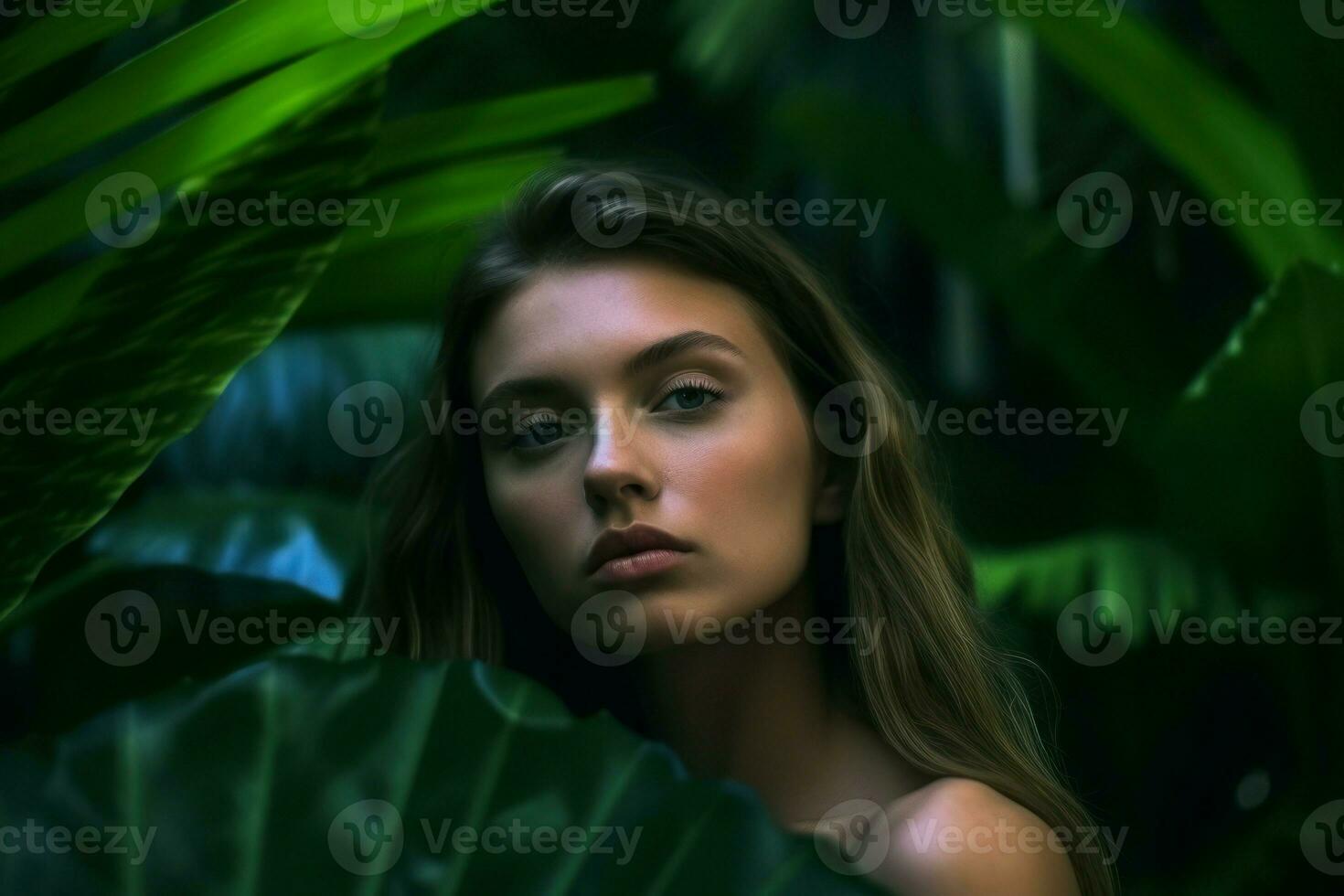 kvinna tropisk löv. generera ai foto