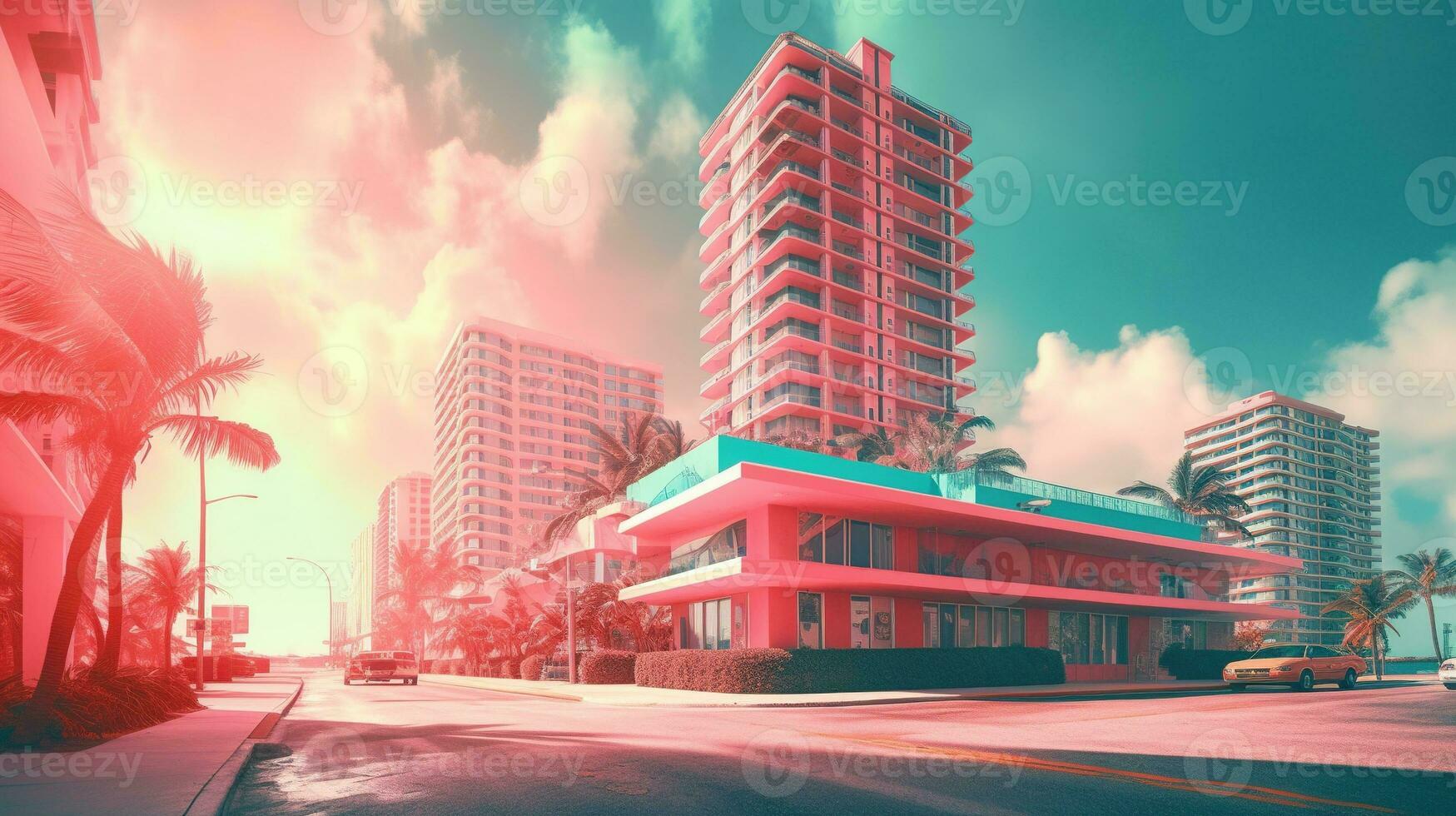 generativ ai, miami sommar vibrafon retro illustration. årgång rosa och blå färger, byggnader, kalifornien palmer, 80s stil foto