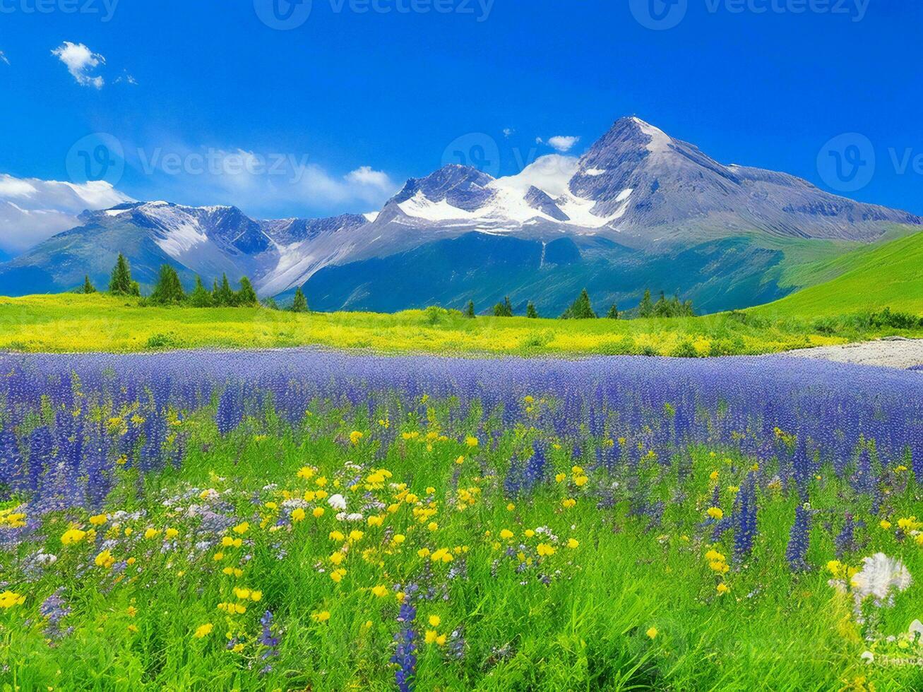 de äng av blommor och bergen ai genererad foto