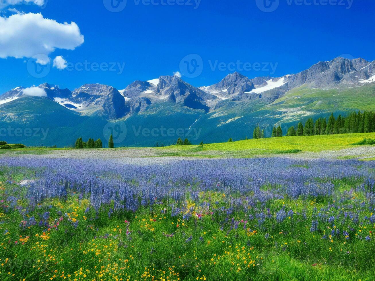 de äng av blommor och bergen ai genererad foto