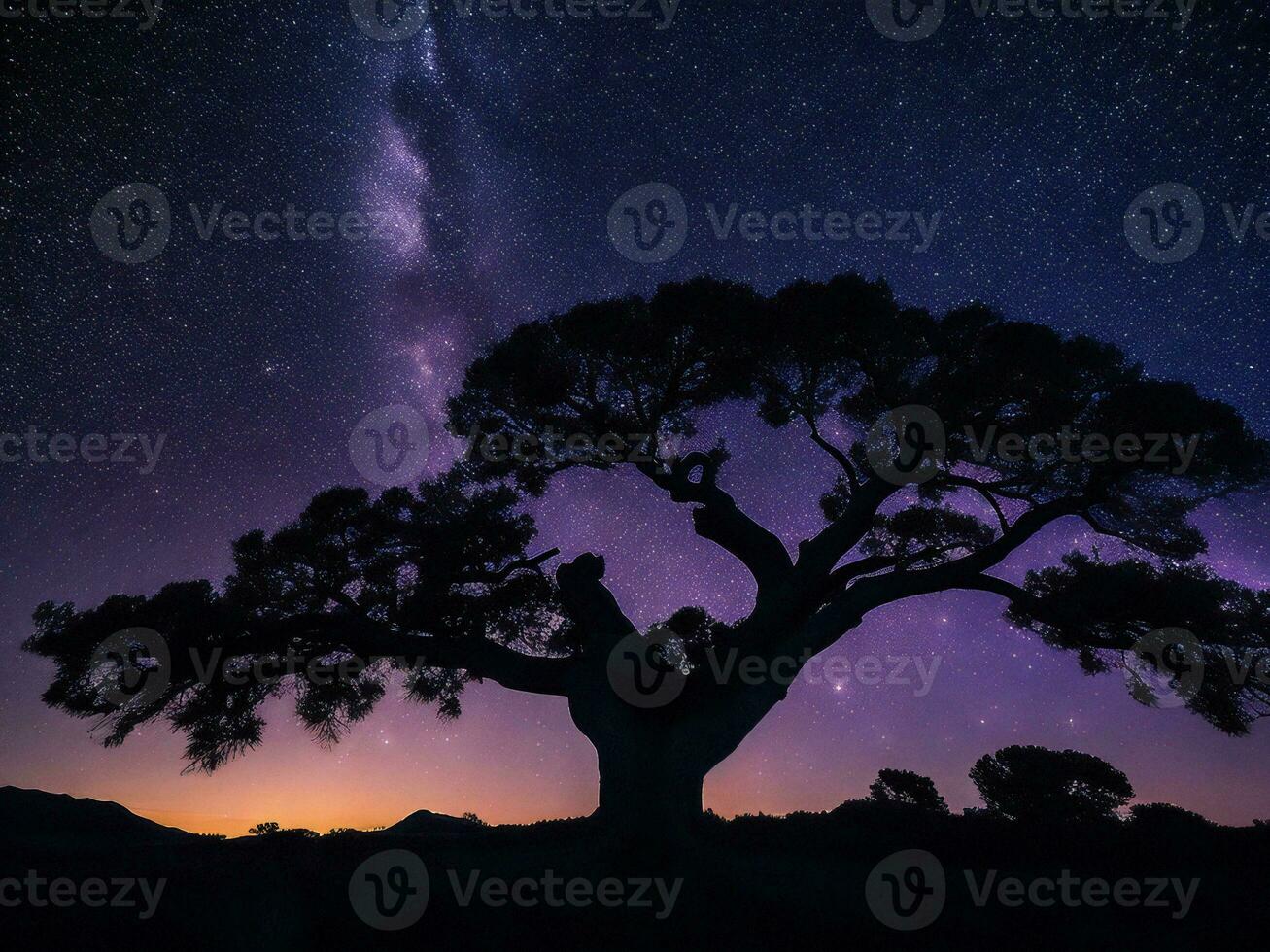 en majestätisk träd silhouetted mot en bakgrund av de omfattande natt himmel fylld med stjärnor ai genererad foto