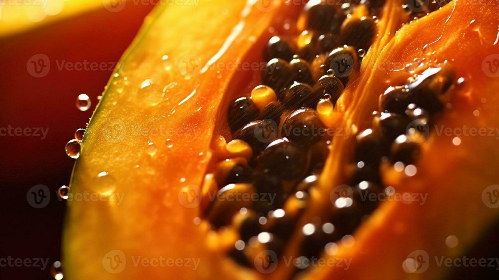 generativ ai, makro färsk halv av papaya frukt bakgrund. tropisk exotisk närbild Foto med droppar
