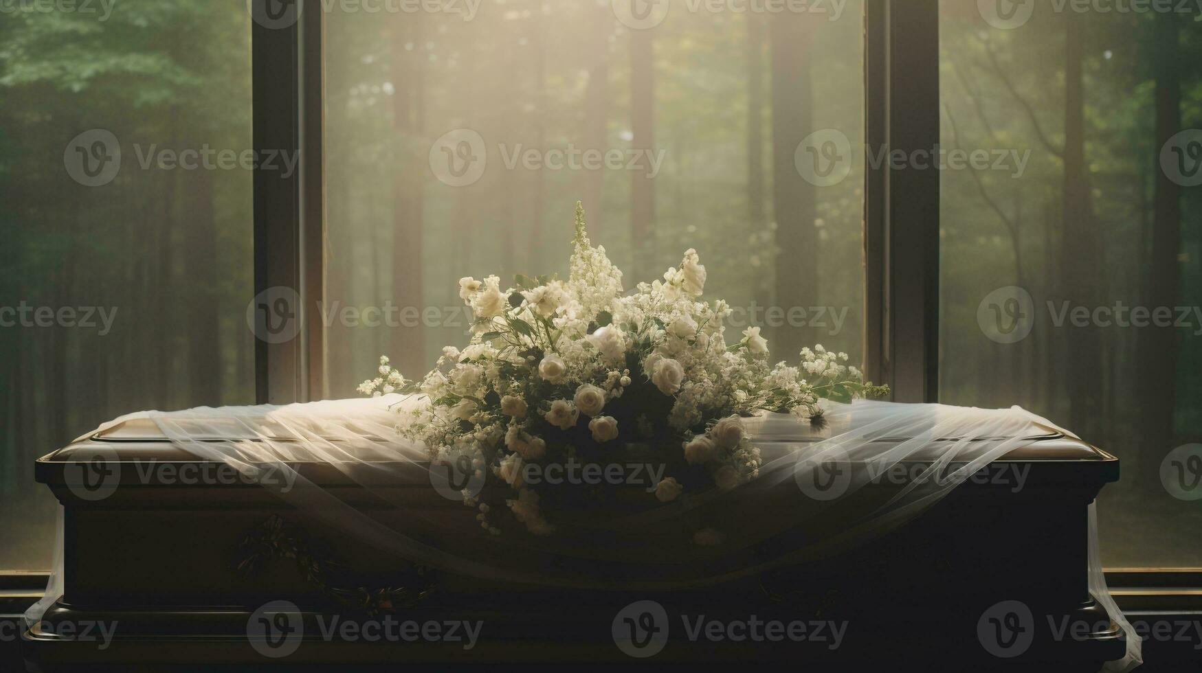 generativ ai, blommor på en Kista i de begravning eller begravning tjänster på kyrkogård, skrin med blommor foto