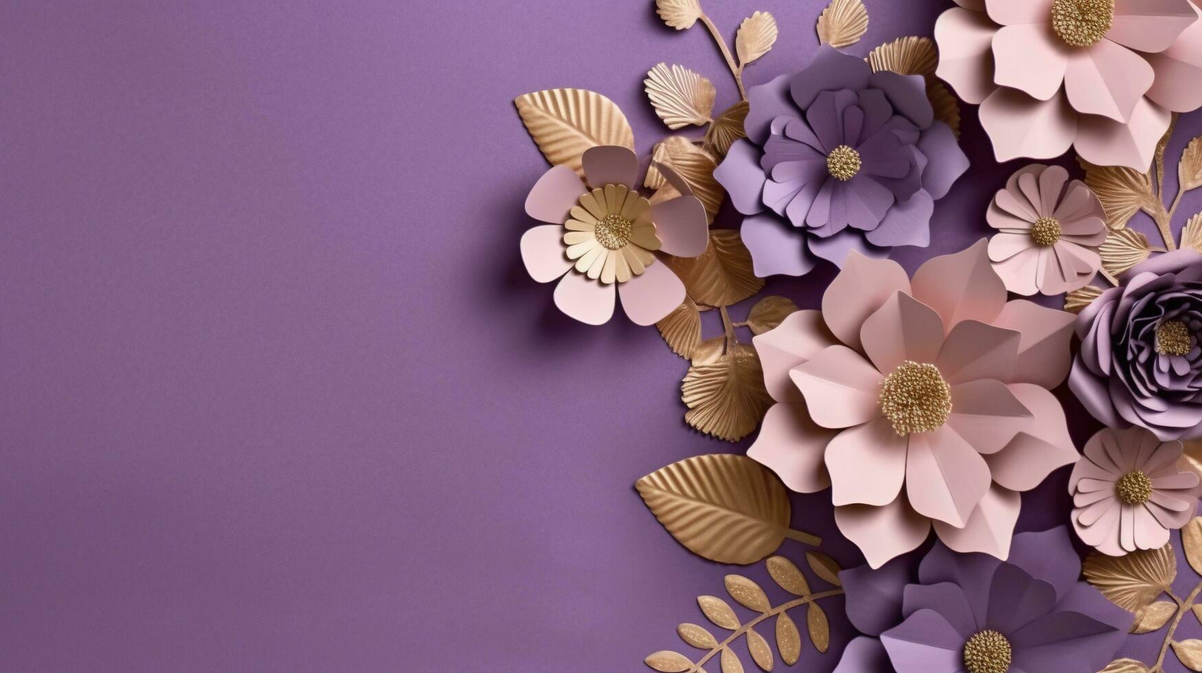 generativ ai, papper skära hantverk blommor och gyllene löv, ljus lila, digital lavendel- Färg, blommig origami texturerad bakgrund, vår humör. foto