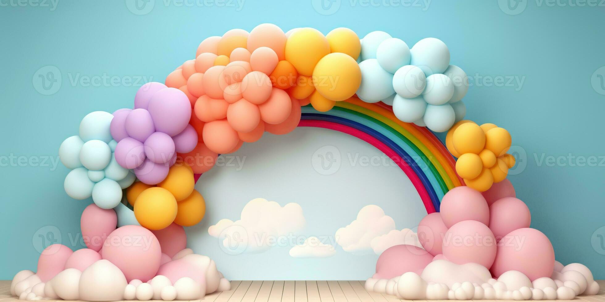 generativ ai, regnbåge och färgrik ballonger. födelsedag fest 3d bakgrund. mockup, mall för hälsning kort foto