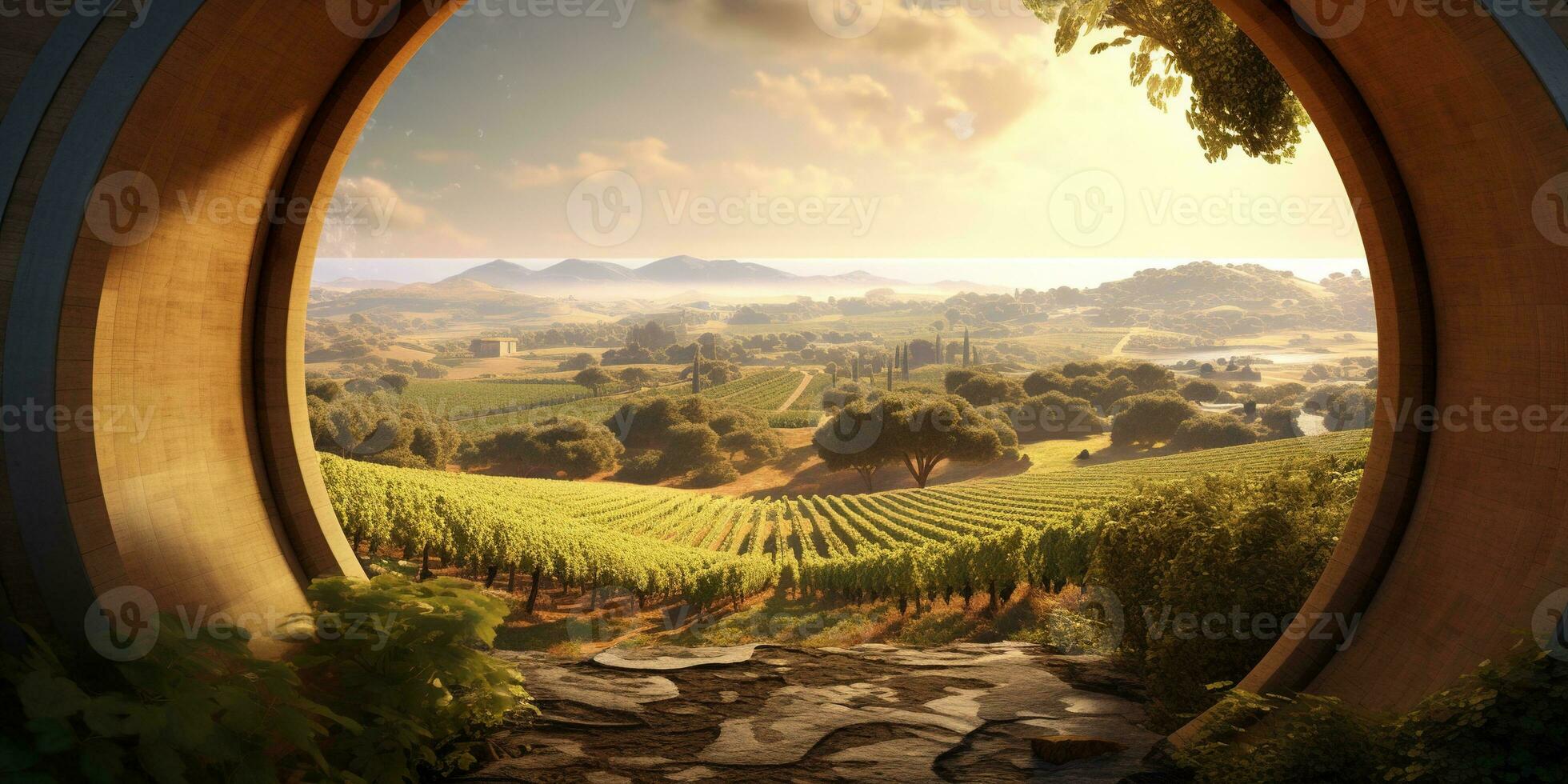generativ ai, skön vingård med trä- fat, grön landskap. rader av vinstockar på solnedgång foto