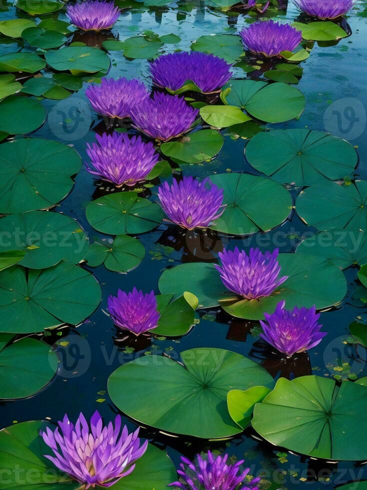 lila lotus blommor flytande i en damm ai genererad foto