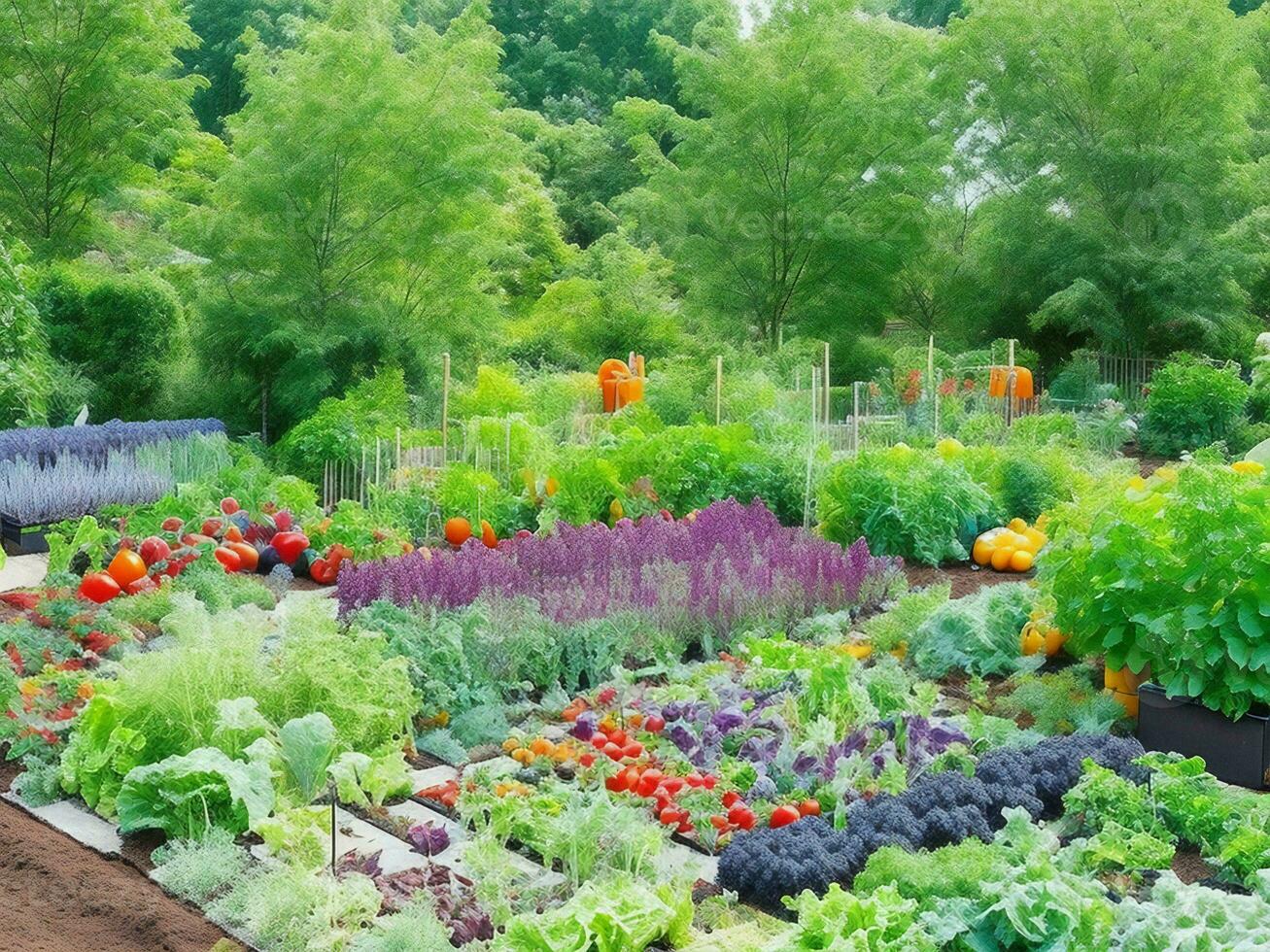 en vegetabiliska trädgård med många annorlunda typer av grönsaker ai genererad foto