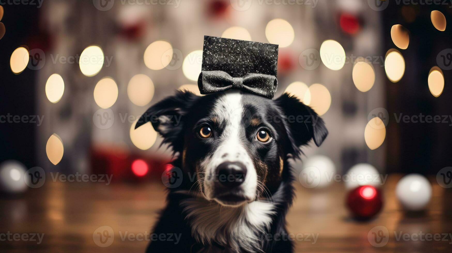 närbild porträtt av en söt hund i en röd santa claus hatt bland brinnande lampor på de bakgrund av en vinter- snöig landskap. ny år fest. snöflingor i de luft. generativ ai. foto