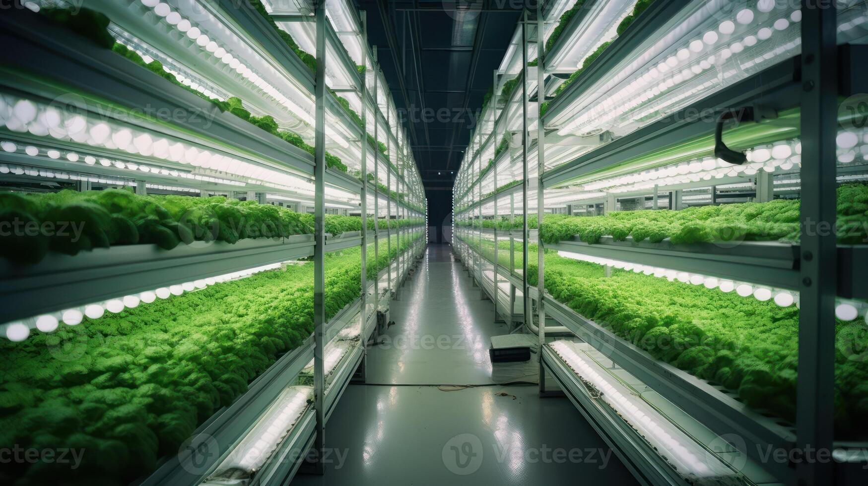 hydroponiska inomhus- vegetabiliska växt fabrik i utställning Plats lager. interiör av de bruka hydroponics. grön sallad odla. sallad roman växande i växthus med led blixt. generativ ai. foto