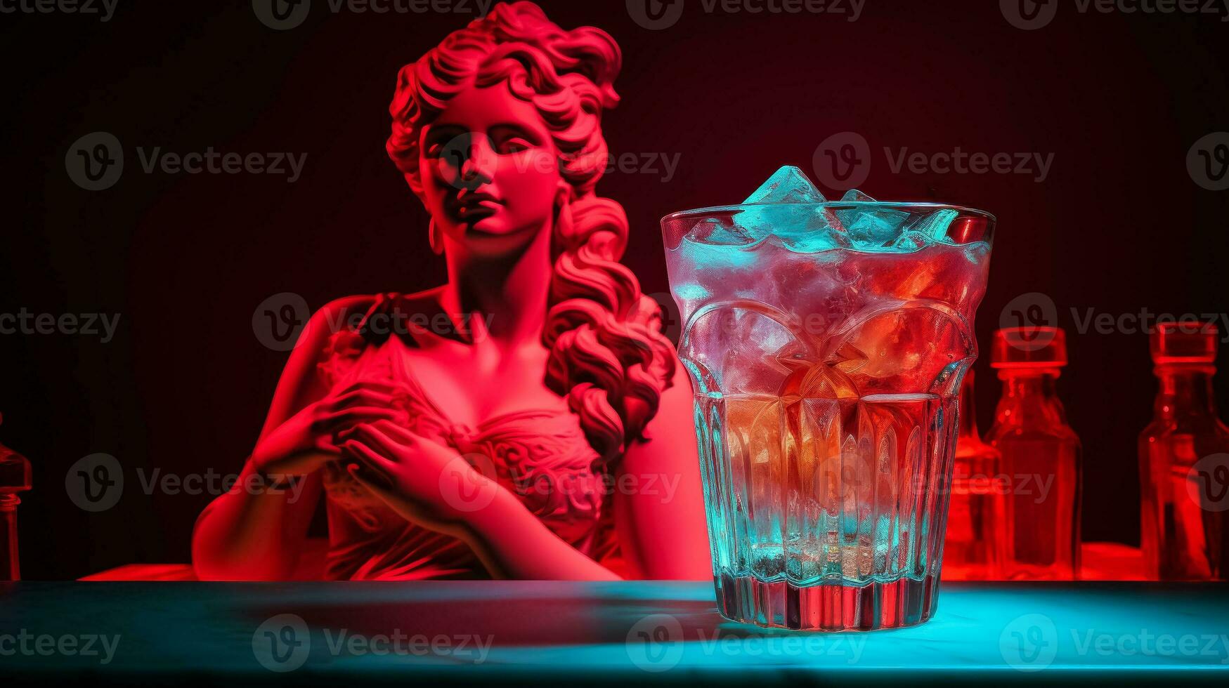 antik staty i neon ljus med paloma cocktail modern begrepp bakgrund med en kopia Plats foto