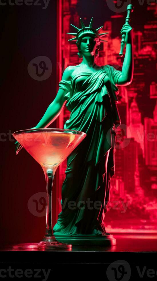 antik staty i neon ljus med manhattan cocktail modern begrepp bakgrund med en kopia Plats foto