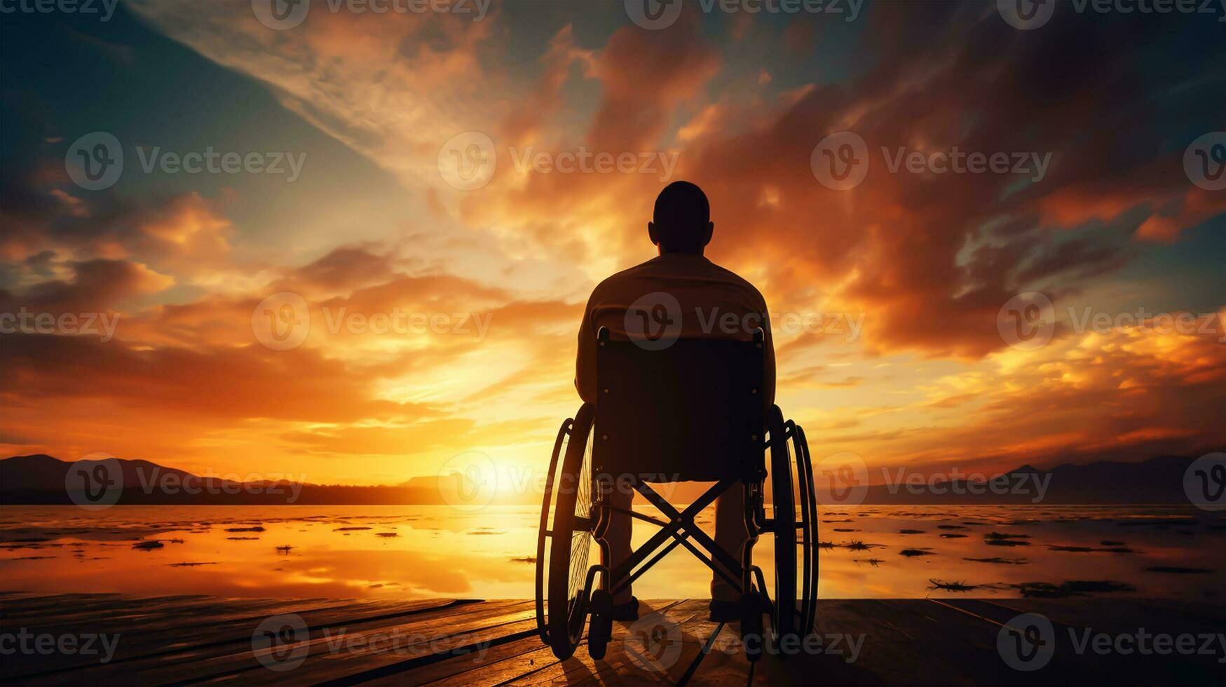 silhuett av Inaktiverad man på rullstol på de strand under solnedgång, disable dag foto