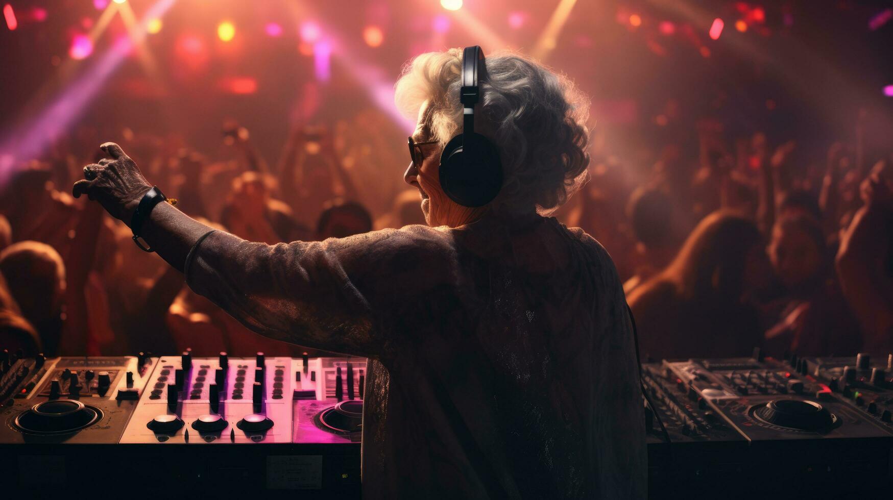 ljus äldre kvinna dj på en rave. techno fest i de klubb. mormor dj. foto