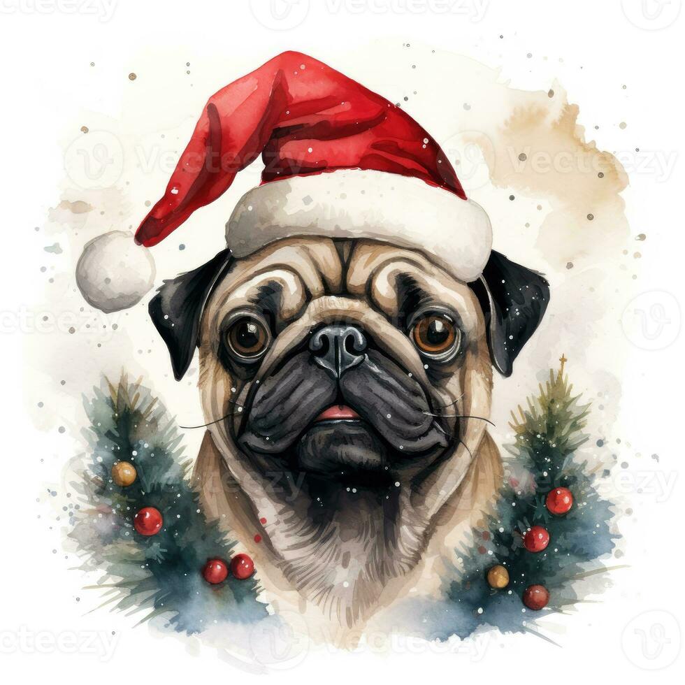söt hund vattenfärg porträtt. Lycklig mops i jul hatt. tryckbar mall för banderoller, affischer, sublimering, t-shirts, tumlare, jul och hälsning kort. ai genererad. foto