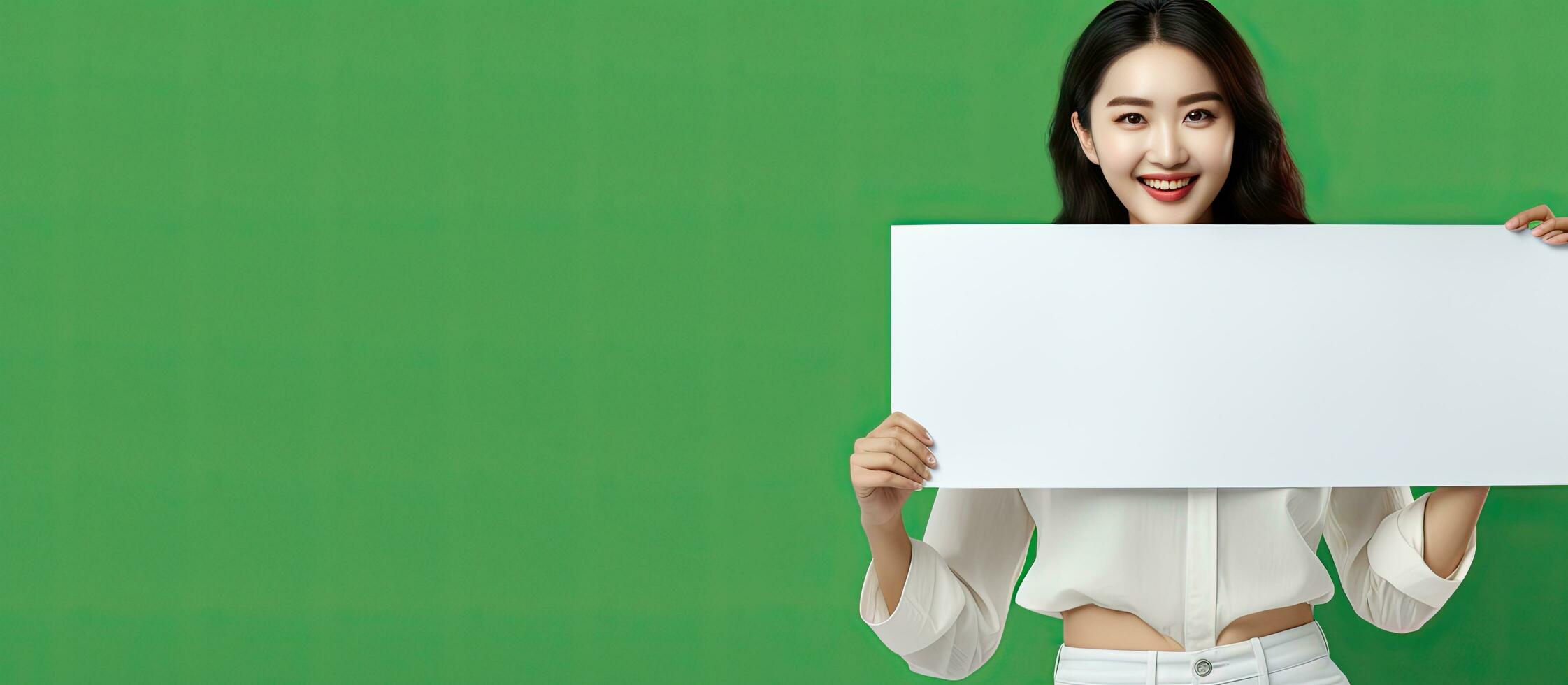 glad asiatisk kvinna Framställ med tom baner på grön bakgrund framställning öga Kontakt med kamera foto