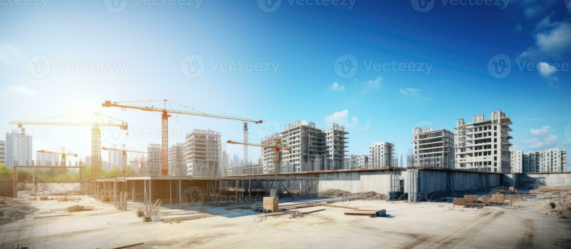 konstruktion webbplats med oavslutat bostads- byggnader och kopia Plats fångad använder sig av en bred vinkel lins under en blå himmel foto