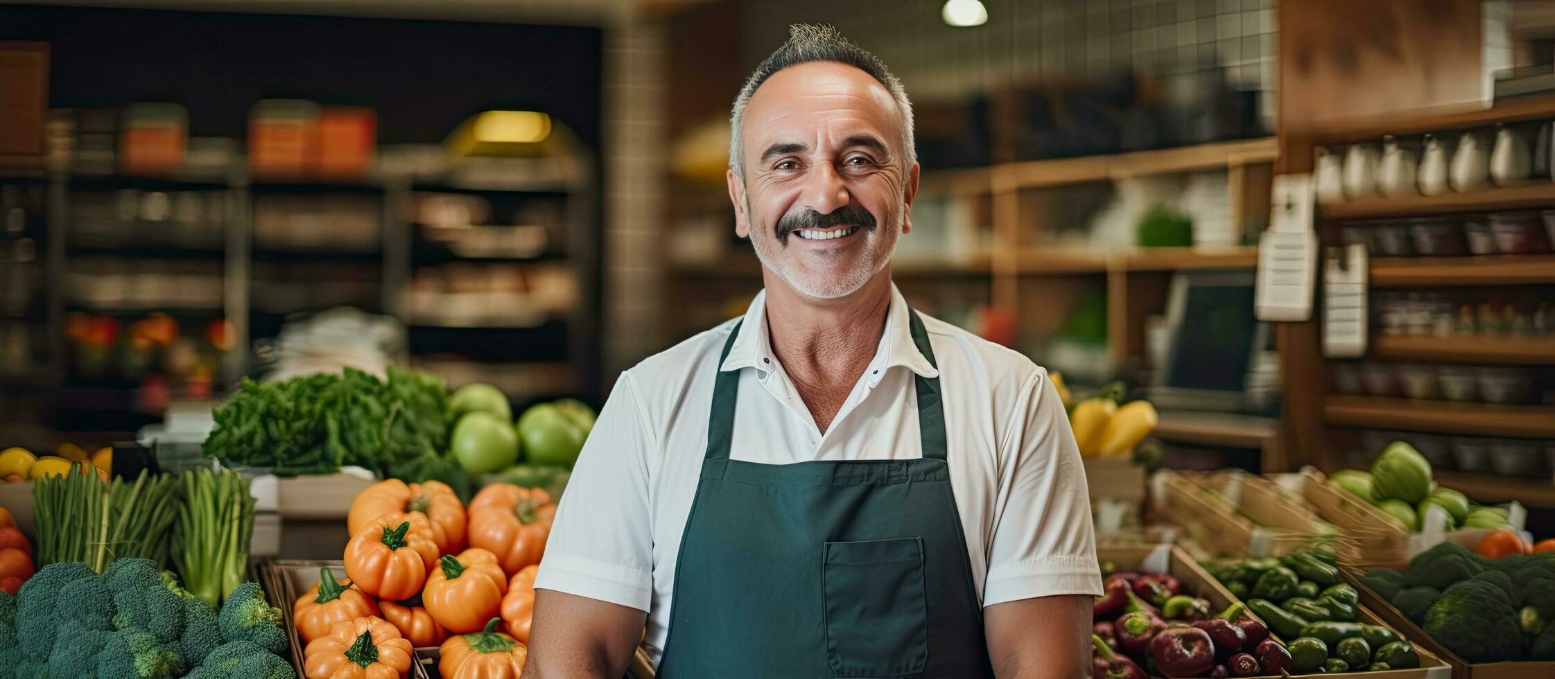 latin man i ett förkläde i en grönsakshandlare s affär ser på de kamera foto
