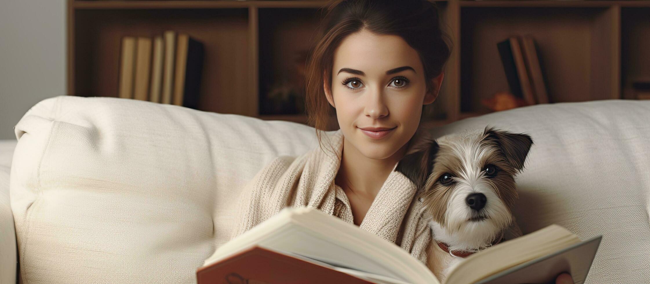 kvinna och hund Sammanträde på en soffa på Hem läsning en bok foto