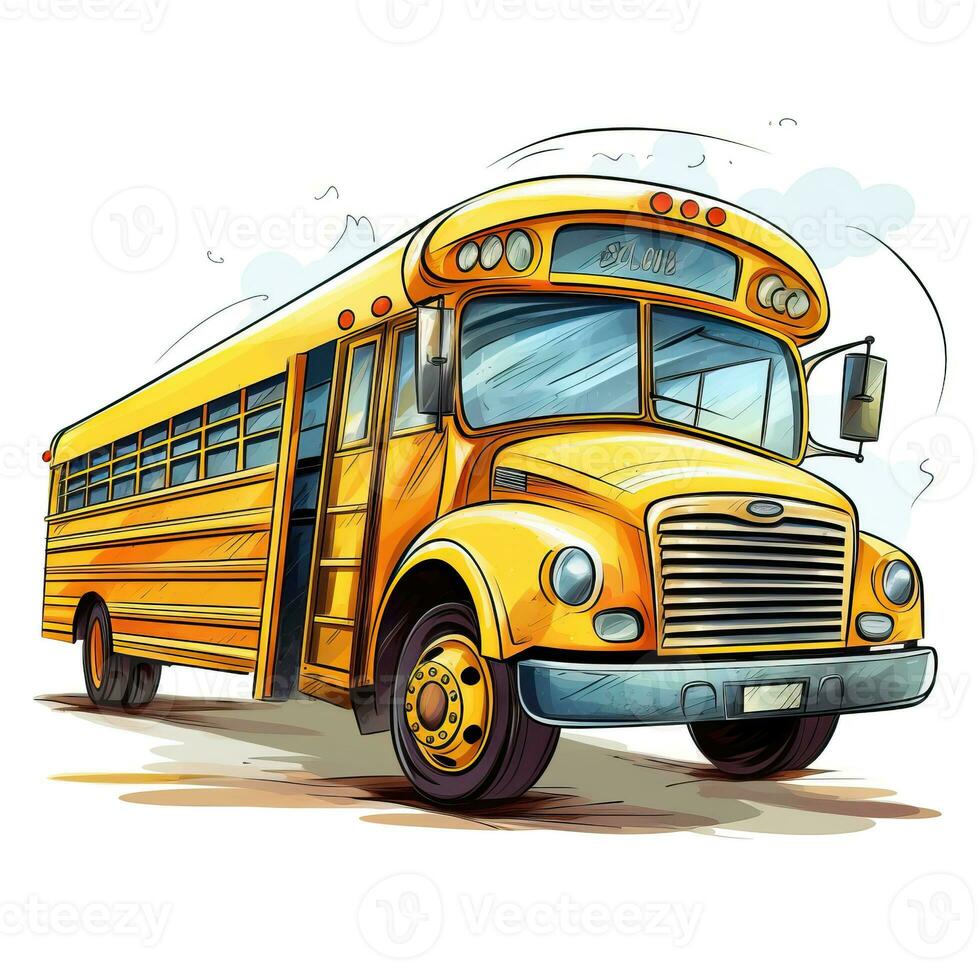 skola buss, tillbaka till skola tecknad serie stil hög kvalitet ai bild genererad foto