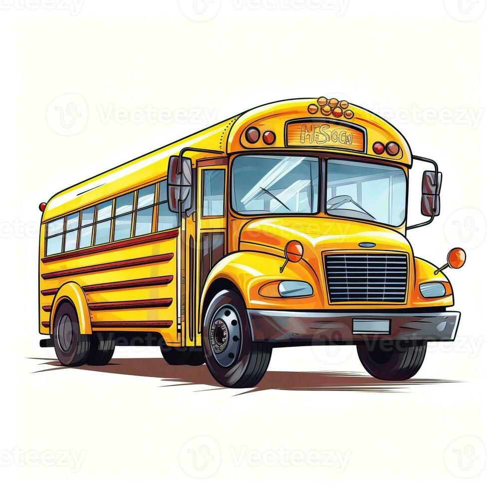 skola buss, tillbaka till skola tecknad serie stil hög kvalitet ai bild genererad foto