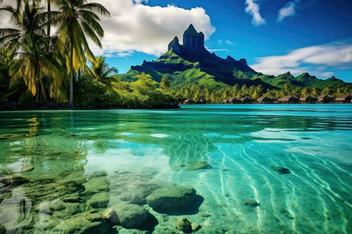 skön marinmålning med berg och turkos vatten. en fredlig och lugn lagun i bora bora, franska polynesien, ai genererad foto