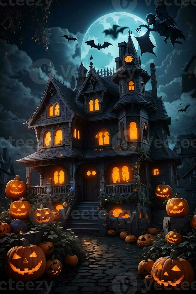 halloween bakgrund pumpa med en jagade hus förbi ai-genererad foto