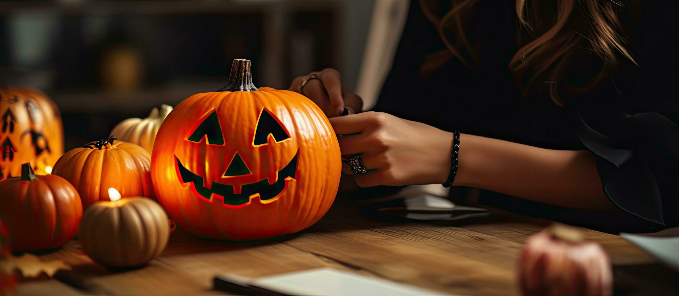 caucasian kvinna händer teckning halloween pumpa med svart bläck markör foto