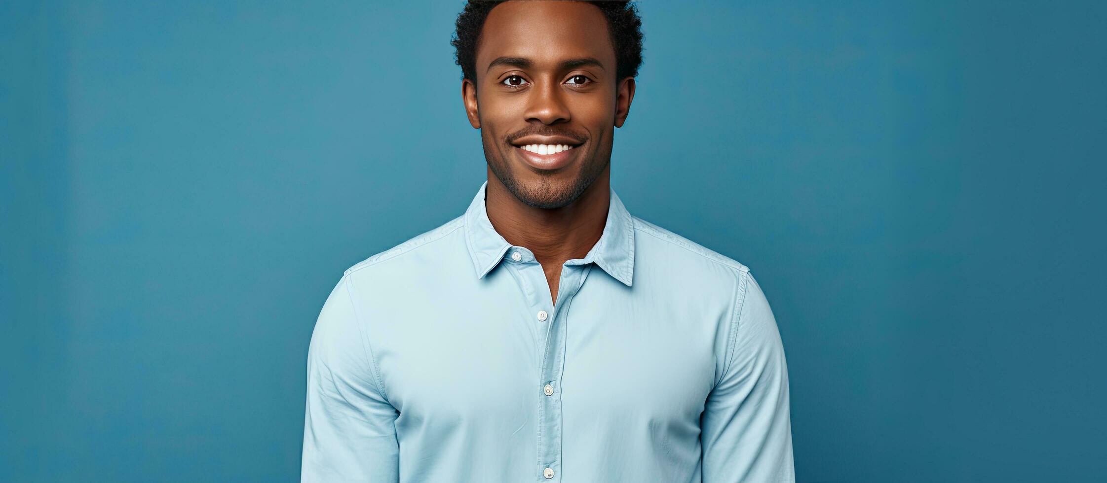 snyggt klädd ung amerikan kille med mörk hud i en smart och inspirerad utgör på en blå bakgrund med rum för text foto