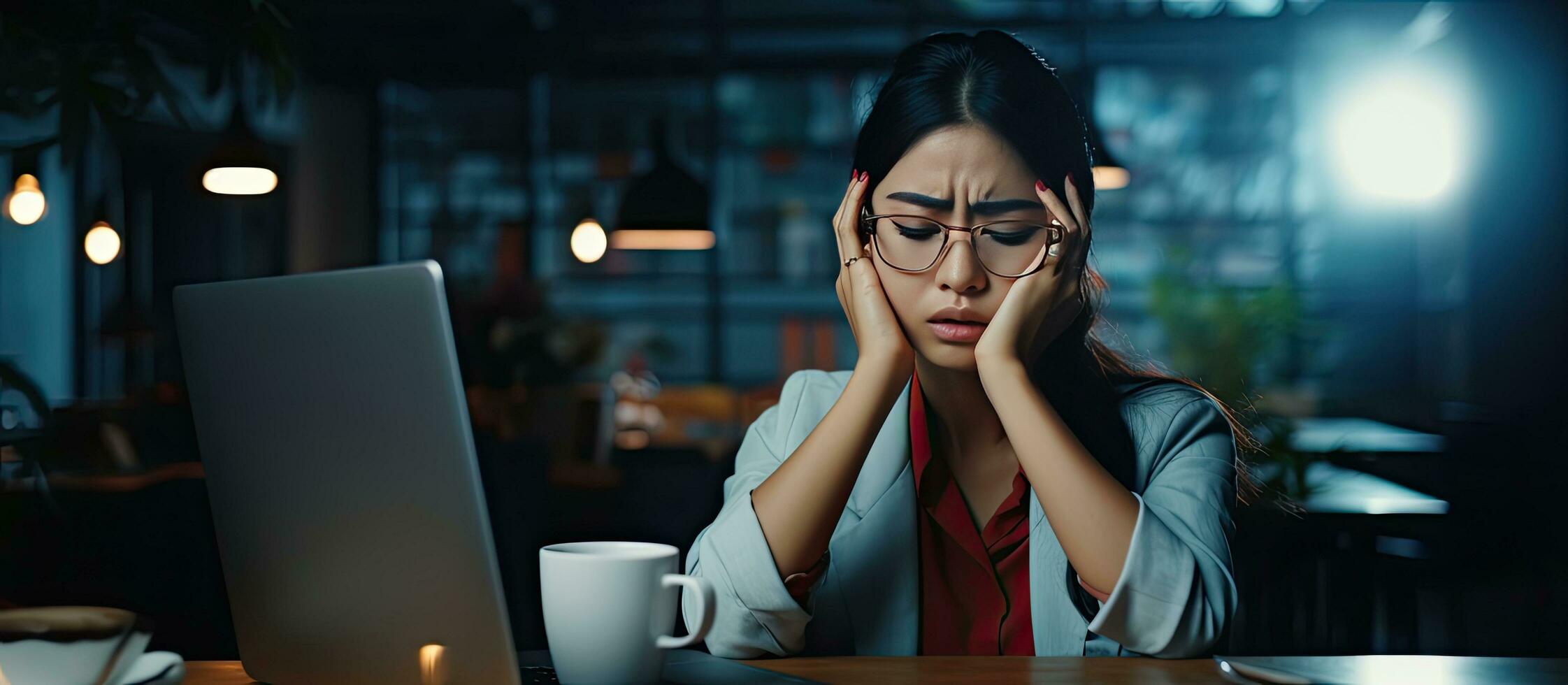 betonade ung asiatisk affärskvinna med bärbar dator och kaffe foto