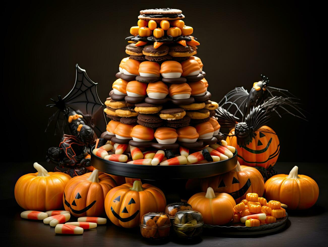 halloween bakgrund med härlig stack av sötsaker och godis foto