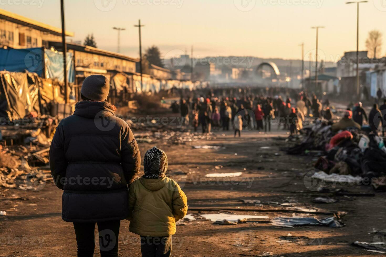 folkmassan av flyktingar se från de tillbaka med personal och barn foto
