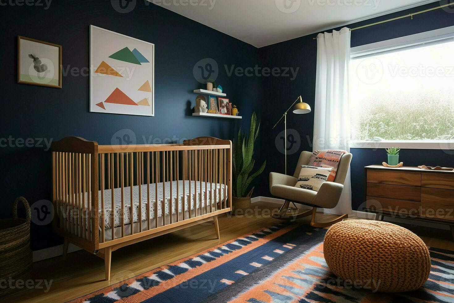 modern barnkammare rum blå. generera ai foto