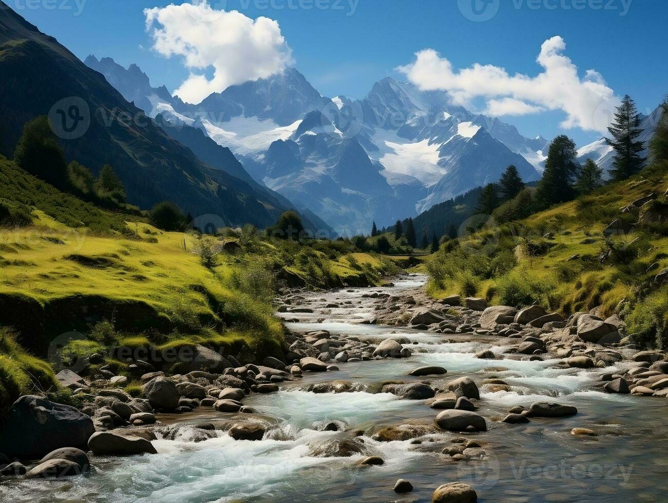 en pittoresk bergig landskap med en lugn flod lindning genom frodig dalar och ängar generativ ai foto