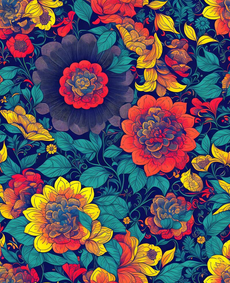 ai generativ unik blomma färgrik sömlös mönster, bakgrund foto