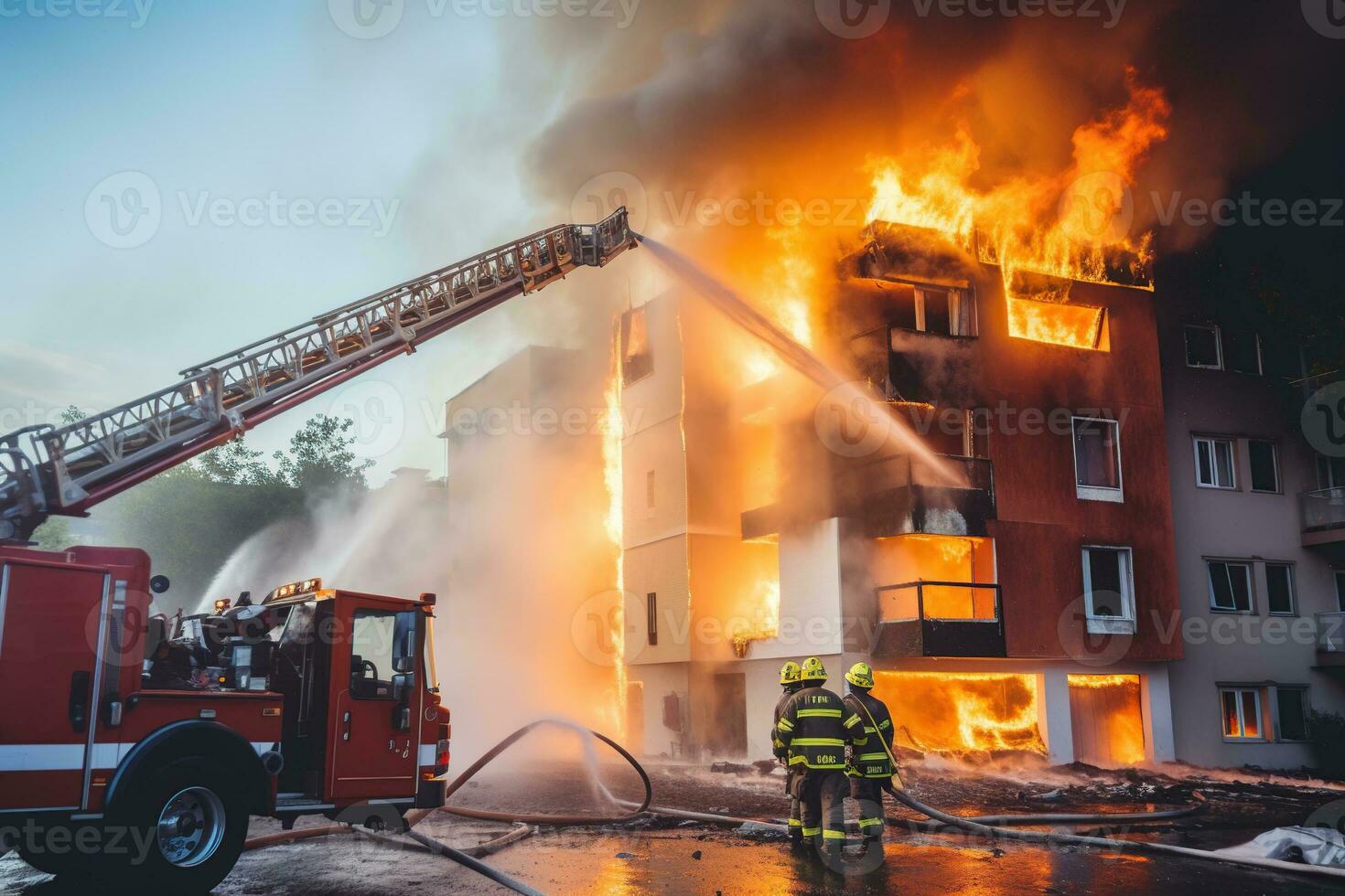 brand försäkring, byggnad brand i de stad. generativ ai foto