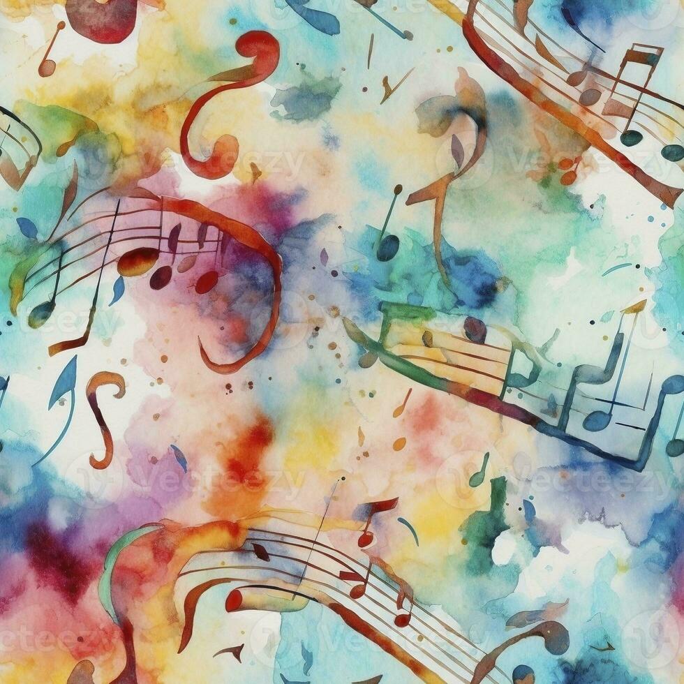 musikalisk anteckningar vattenfärg stil sömlös mönster, skapas med generativ ai foto