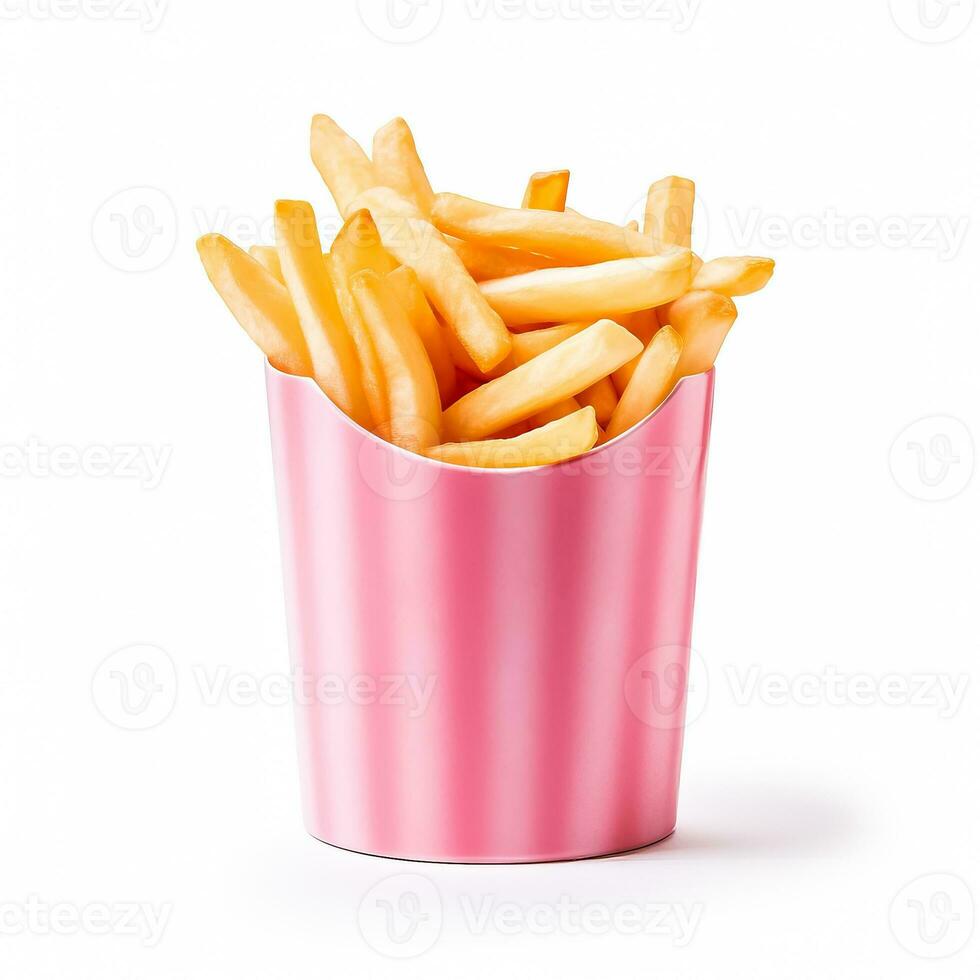 franska frites i en särskild snabb mat rosa låda isolerat på vit bakgrund foto