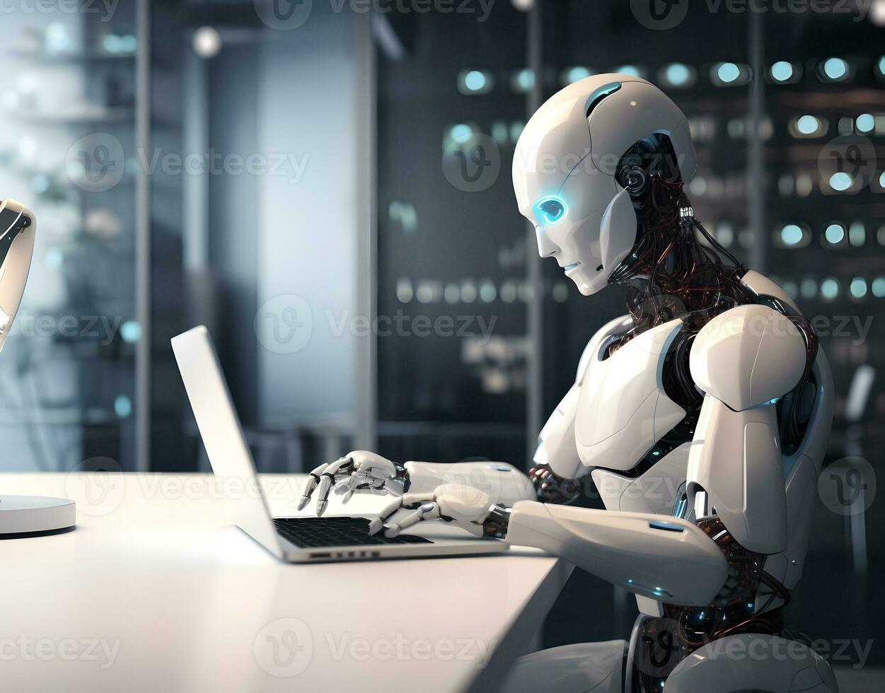 trogen robot använder sig av dator bärbar dator. foto