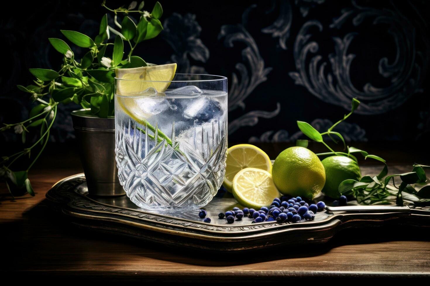 gin och tonic på en trä- tabell på de mörk sida foto