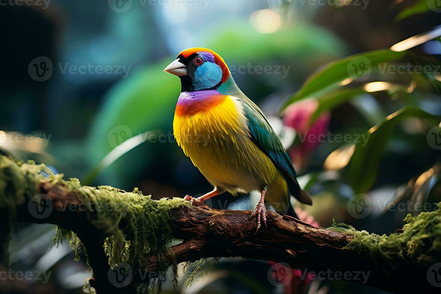 färgrik goldian fink är uppflugen på en gren i en tropisk regnskog. ai genererad. foto