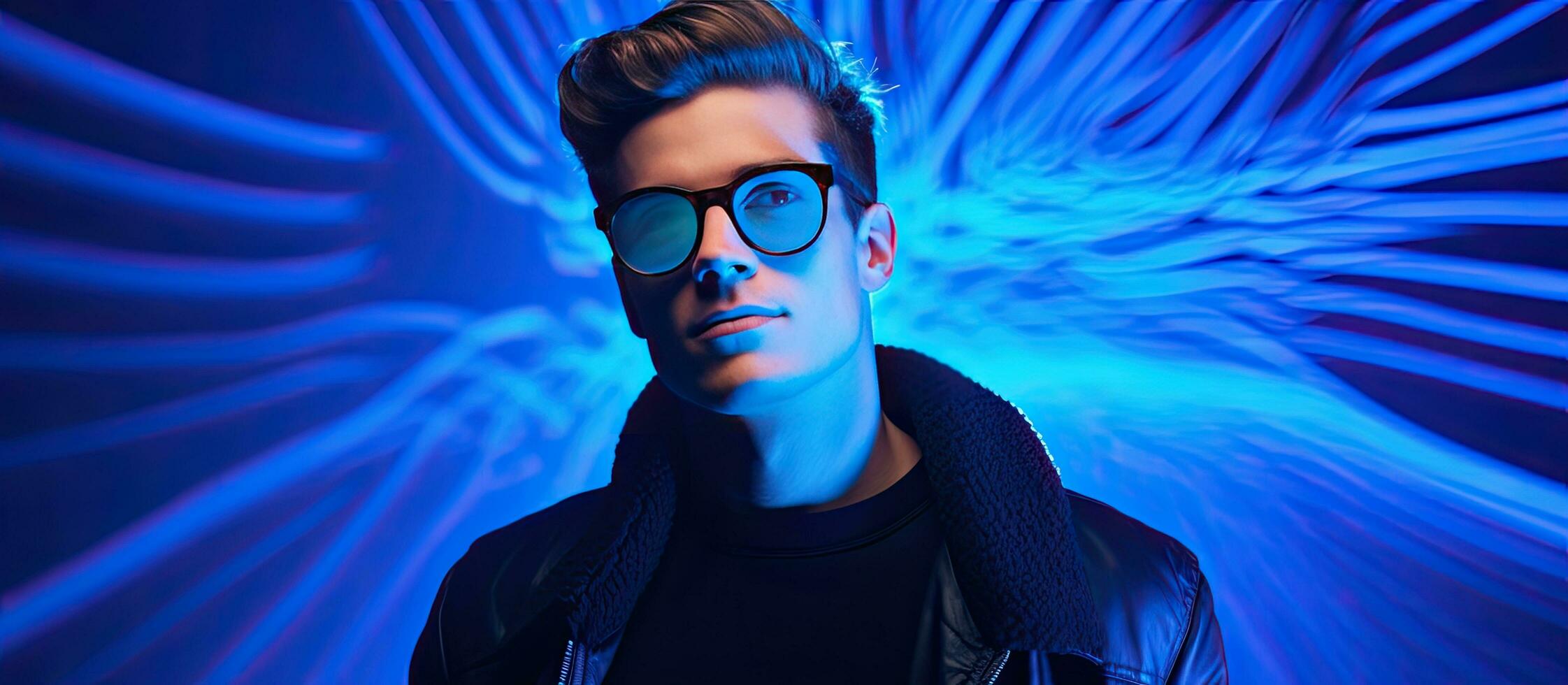 modern manlig modell bär svart kläder och glasögon poser mot en blå bakgrund med blandad neon belysning visa upp trendig mode stil för tonåring foto