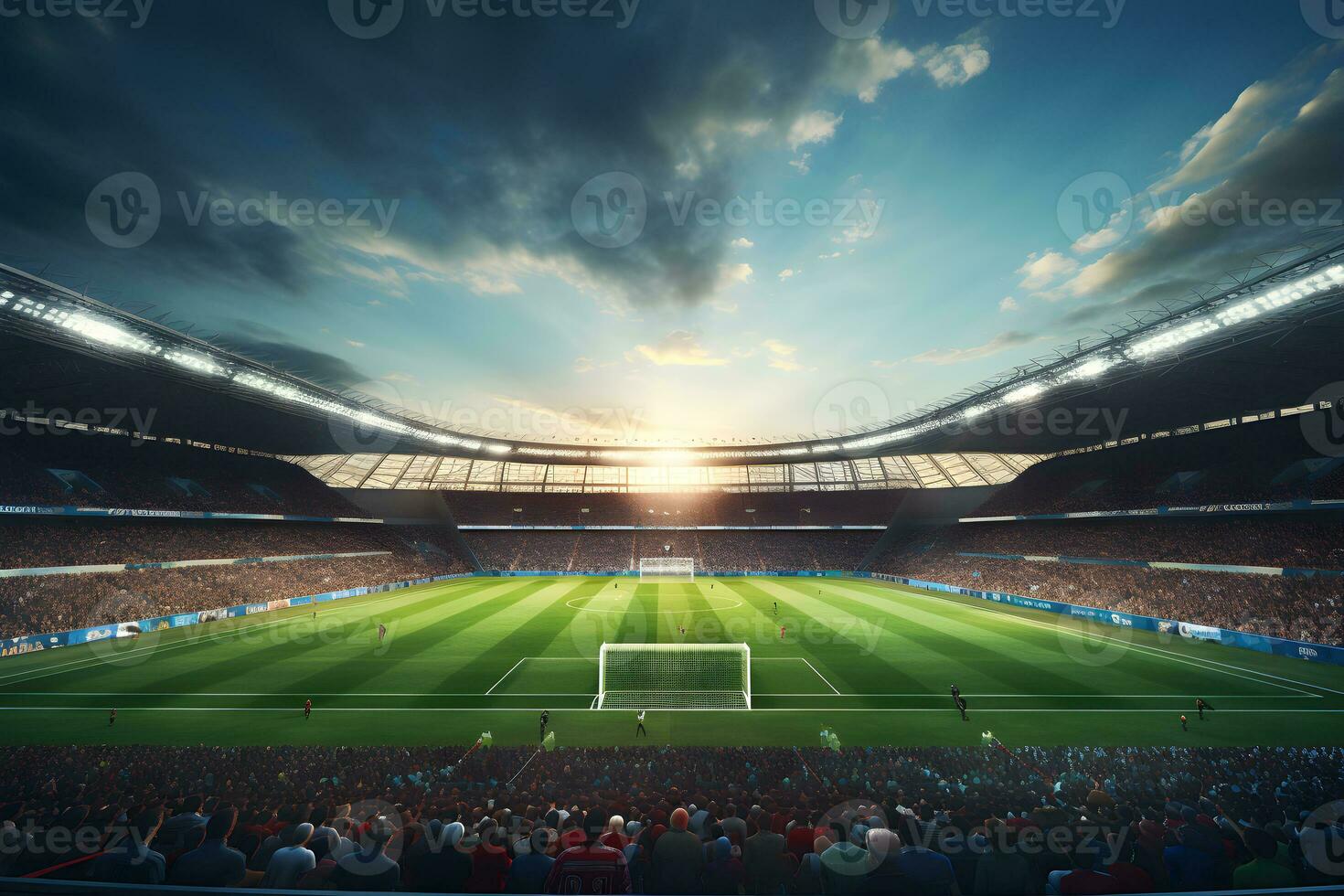 fotboll fotboll fält stadion på natt och strålkastare, ai generera foto