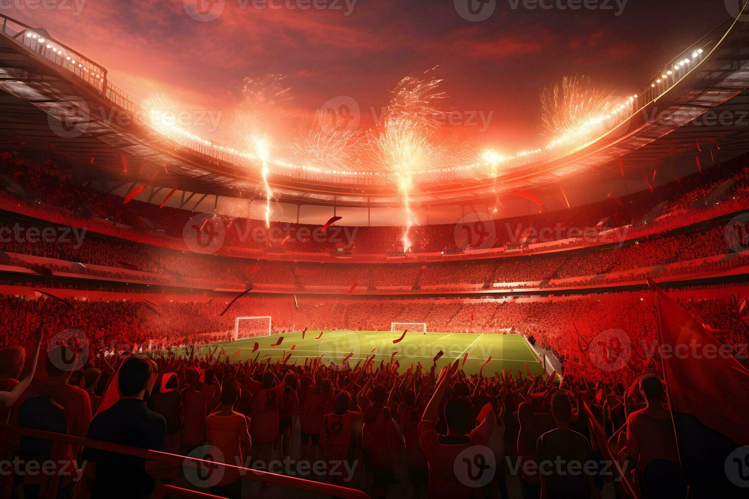 fotboll fotboll fält stadion på natt och fyrverkeri, ai generera foto