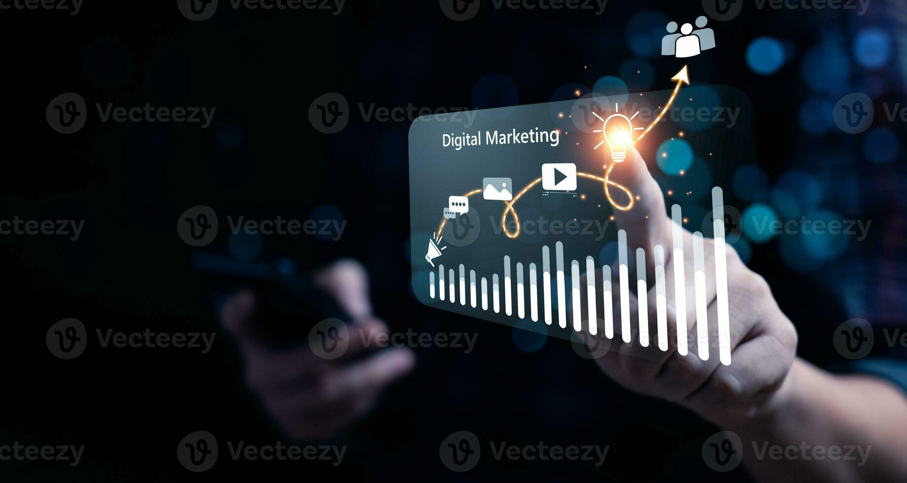 digital marknadsföring handel uppkopplad försäljning begrepp, befordran av Produkter eller tjänster genom digital kanaler Sök motor, social media, e-post, hemsida, digital marknadsföring strategier och mål. seo ppc foto