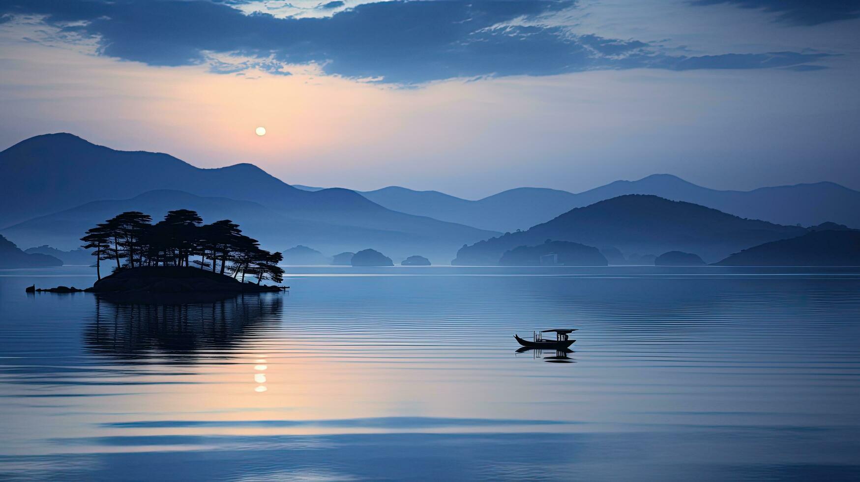 skön morgon- marinmålning av de seto inåt landet hav i japan. silhuett begrepp foto