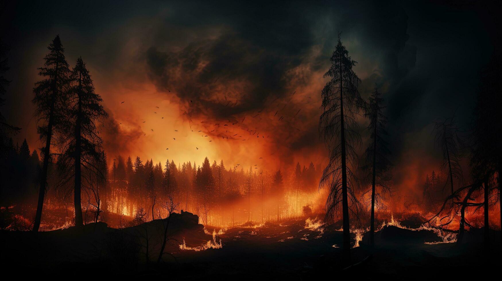 nattetid skog brand ett olyckligt naturlig händelse. silhuett begrepp foto
