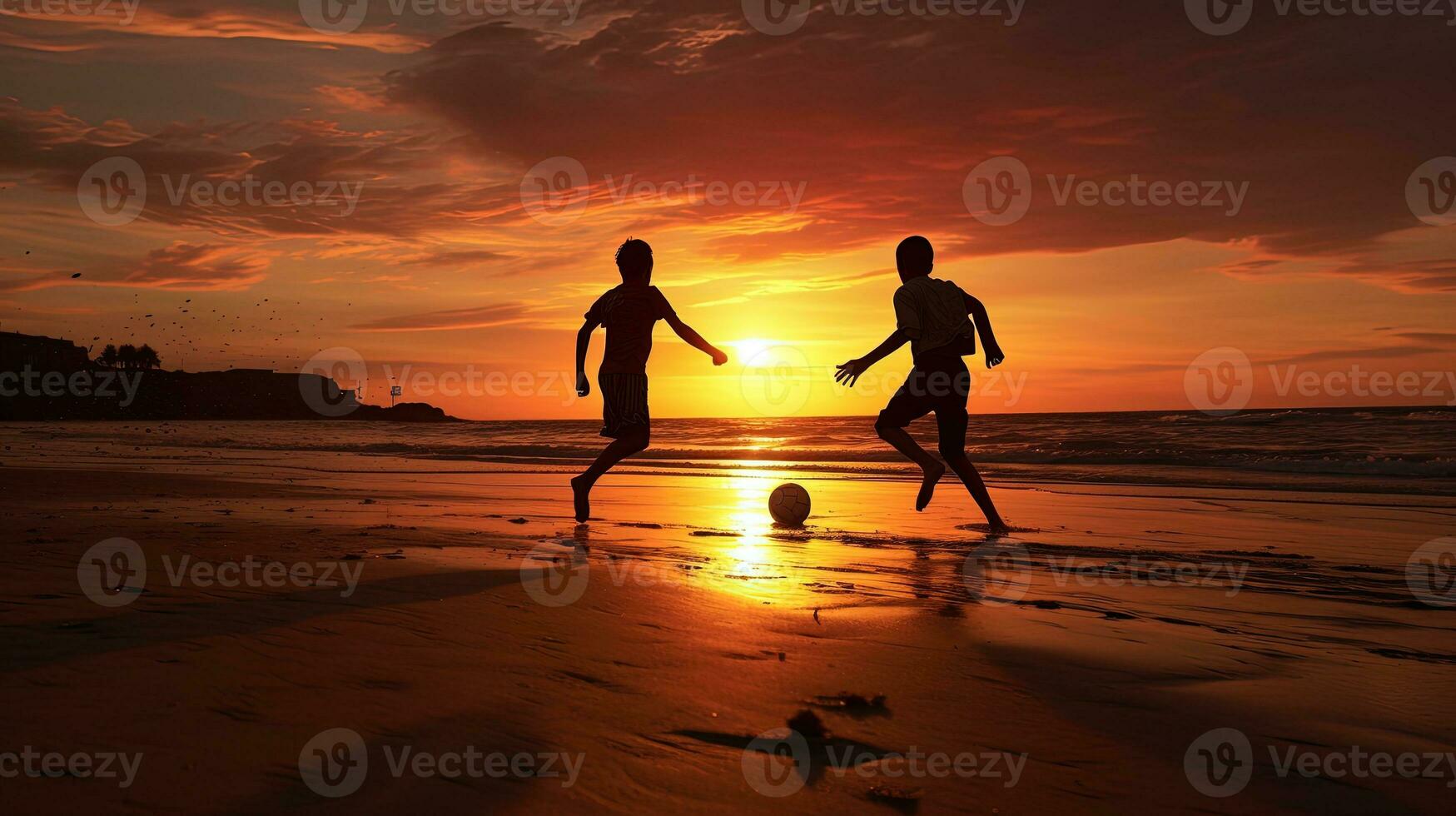 två tonåren spelar fotboll på de strand deras silhuetter synlig foto