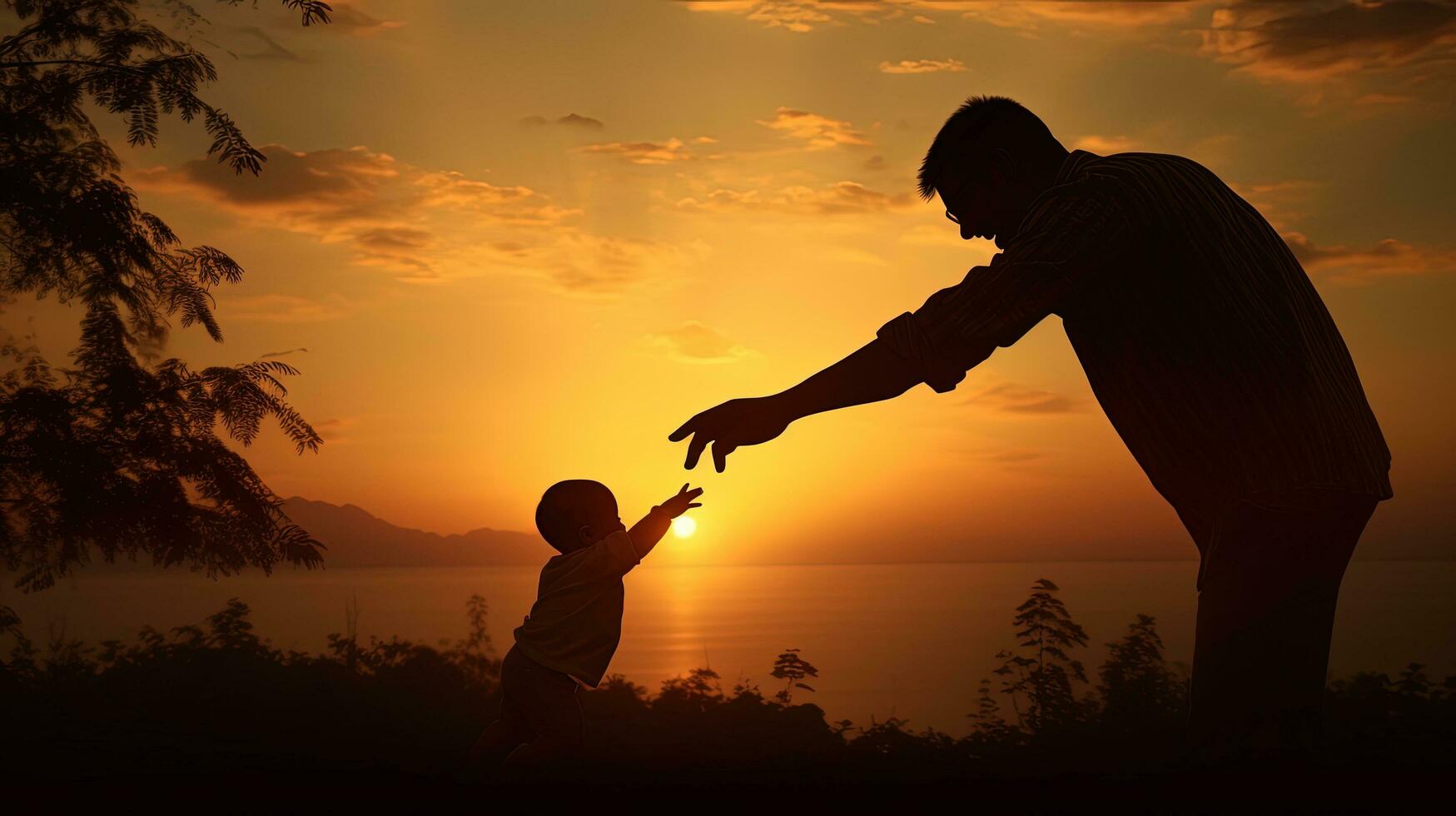 Lycklig far med bebis hand silhuett i natur parkera på solnedgång foto